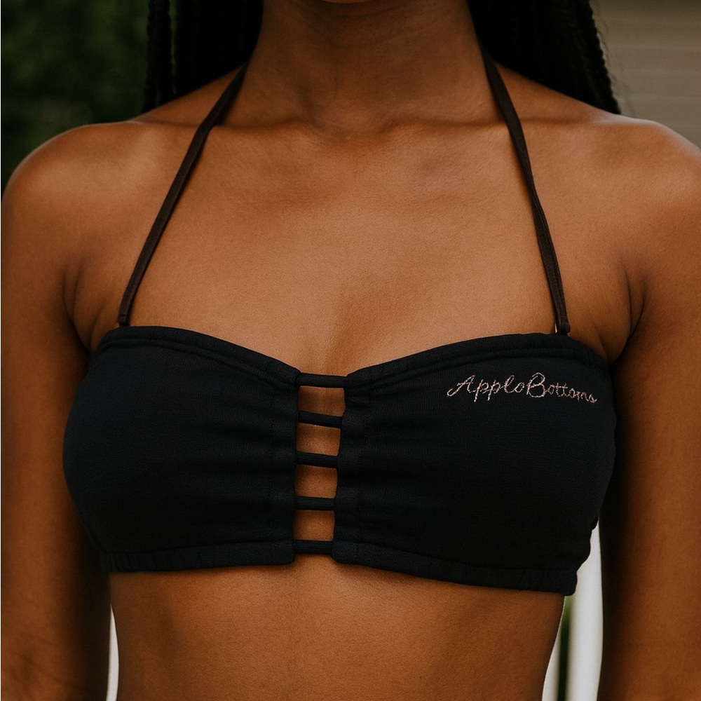 Apple Bottoms Y2K Black Ribbed Knit Bandeau Cutout Halter Crop Top Tube Top